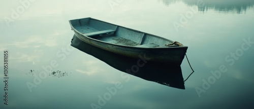 A solitary boat moored in a misty, ethereal lake scene, its presence a symbol of solitude and introspection amidst soft reflections and gentle ripples.