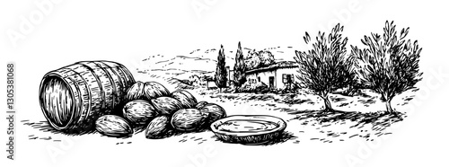 Engraved illustration capturing a rustic landscape with almonds, a barrel, and a bowl in a serene countryside setting