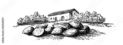 Engraved illustration of a rural farmhouse with a pile of eggs under a cloudy sky