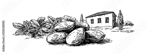 Engraved illustration of pistachio nuts in a landscape featuring a nearby building