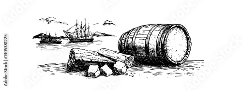 Engraved vector illustration depicting a broken barrel and rocks on a sandy shore with ships in the background