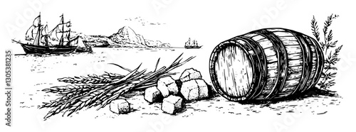 Engraved illustration of a coastal landscape featuring ships, wheat, and a wooden barrel at a serene seaside