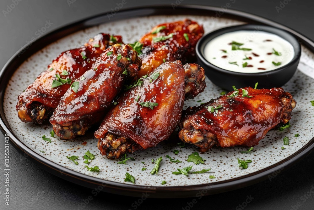 Barbecue chicken wings on a plate with dipping sauce on the side Barbecue chicken wings on a plate with dipping sauce on the side