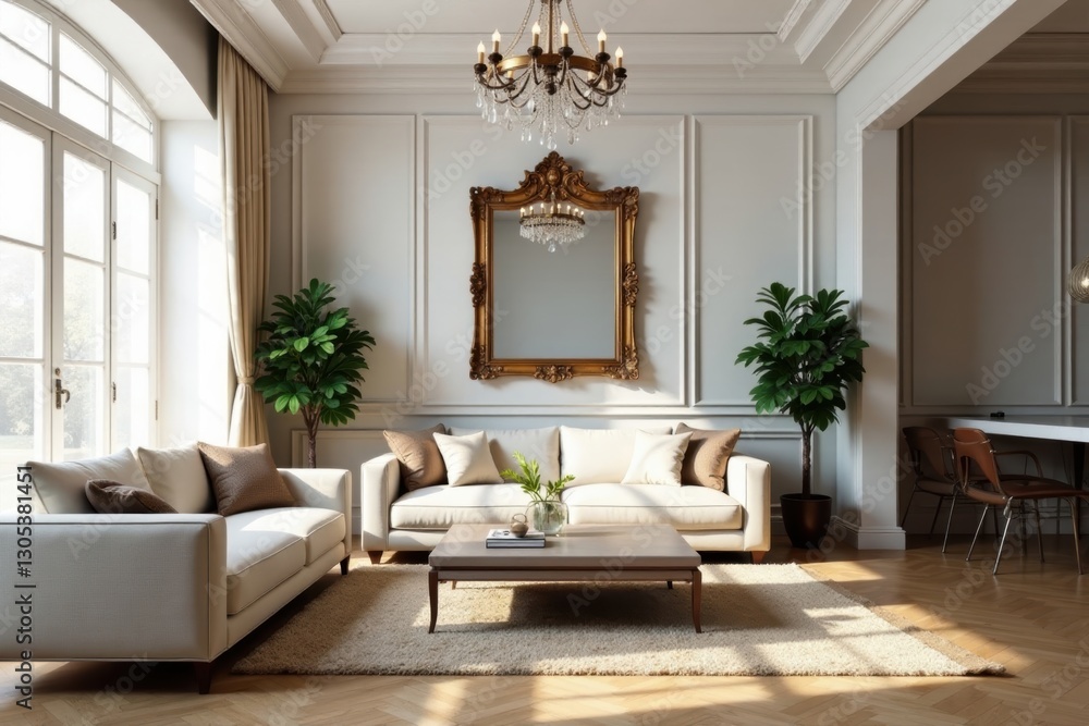 Fototapeta premium Spacious living room, crystal chandelier, ornate mirror, elegant, mansion