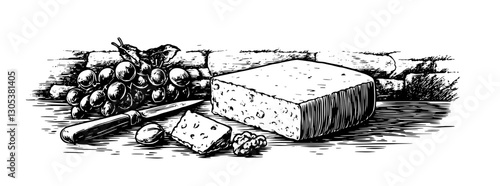 Artistic engraved illustration of cheese and grapes on rustic table with knife in cozy setting
