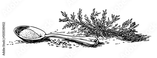 Engraved illustration of a spoon with salt next to a sprig of fresh herbs on a light background