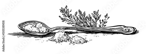 Engraved illustration of a spoonful of salt beside fresh herbs on a rustic surface