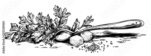 Fresh parsley with a wooden spoon and seasoning cubes on a simple kitchen table