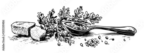 Engraved illustration of herbs and seasonings with a wooden spoon and spices on a rustic surface