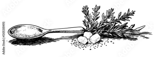 Botanical engraving of a spoon, herbs, and grains in a detailed vector illustration