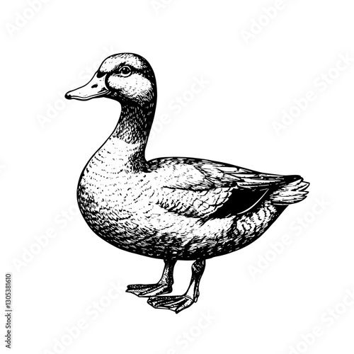 Engraved illustration of a duck standing proudly on solid ground