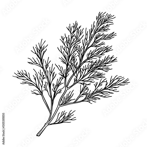 Detailing a finely engraved illustration of a dill herb branch, showcasing intricate leaf patterns and natural beauty