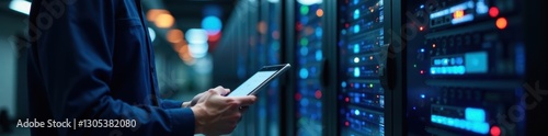 Technician using tablet, diagnosing server room equipment, digital, display, server room