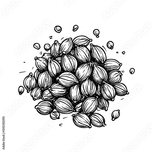 Coriander seeds pile illustration in detailed engraving style showcasing their texture and natural form
