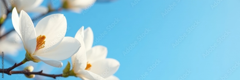 Obraz premium White magnolia flowers, clear blue sky backdrop , image, soft