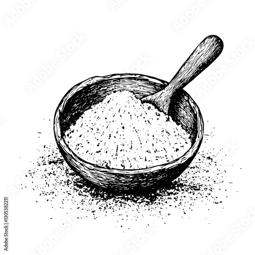 Engraved vector illustration of a bowl of white powder with a wooden spoon, emphasizing culinary ingredients in a rustic style