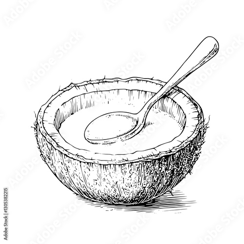 Engraved illustration of a rustic bowl with a spoon containing creamy substance on a simple background