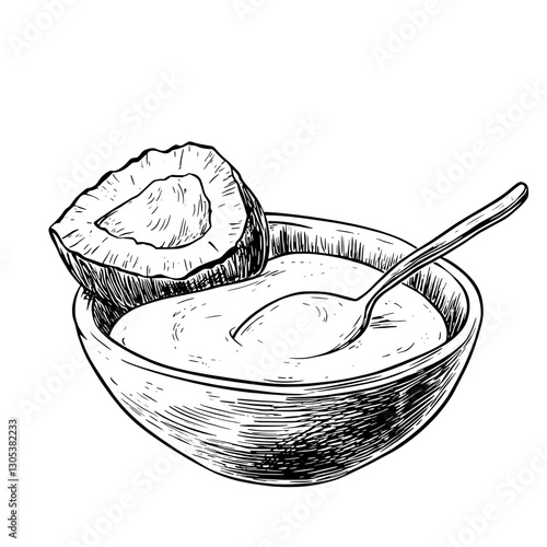 Engraved vector illustration of a bowl of white cream or yogurt with a coconut half beside it