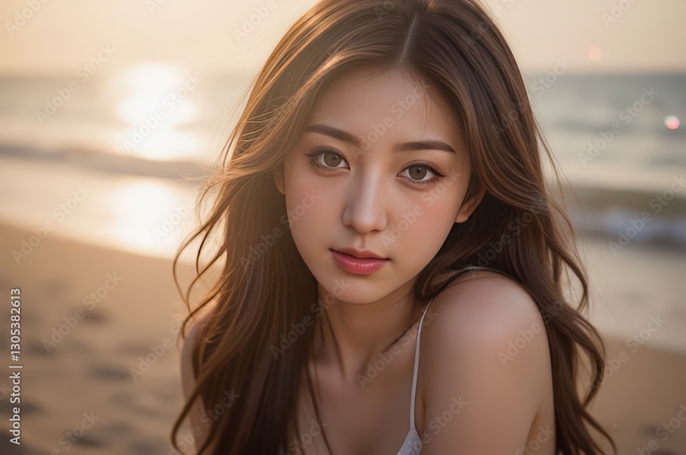 Portrait of Beautiful Asian Woman on Beach at Sunset, Golden Hour, Warm Sunlight, Model Posing, Serene Beauty Portrait of Beautiful Asian Woman on Beach at Sunset, Golden Hour, Warm Sunlight, Model Posing, Serene Beauty