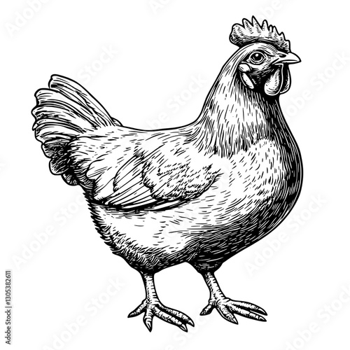 Detailed engraved illustration of a chicken standing with an engaging posture in a farmyard setting