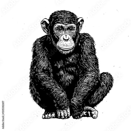 Engraved illustration of a seated chimpanzee showcasing detailed fur texture in a vector style