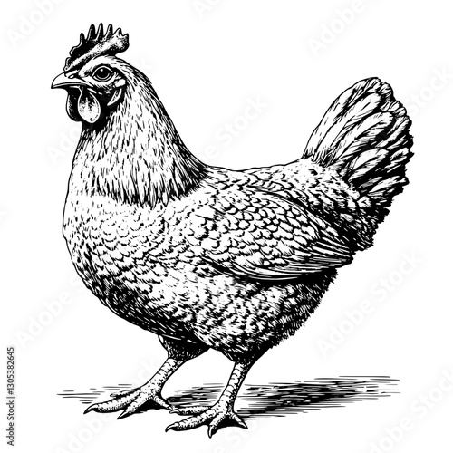 Detailed engraved illustration of a chicken showcasing the intricate features and textures of its feathers and body structure
