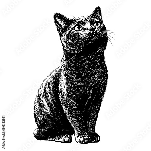 Engraved illustration of a black cat staring attentively with its head held high