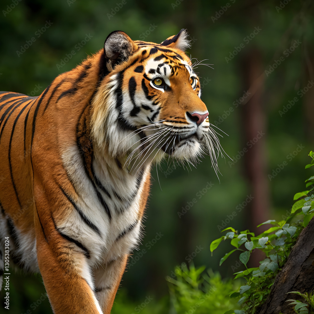 A majestic Bengal tiger in a lush green forest, its orange fur glowing in soft light as it walks gracefully. A majestic Bengal tiger in a lush green forest, its orange fur glowing in soft light as it walks gracefully.