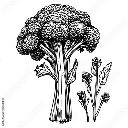 Detailed engraving of broccoli with accompanying plant illustrations in a vector format suitable for culinary design