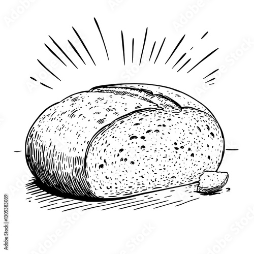 Freshly baked loaf of bread with a slice cut, showcasing texture and warmth in a detailed engraved illustration