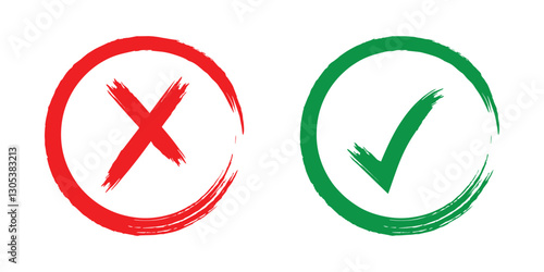 Check mark, tick and cross brush signs, green check mark OK and red X icons, symbols YES and NO button for vote, decision, election choice. Vector illustration.