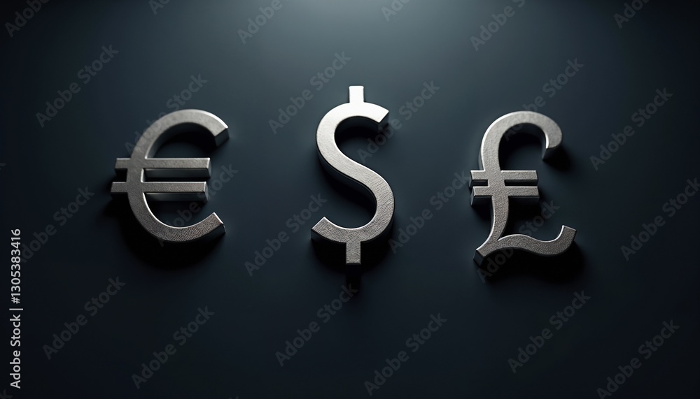 Dark navy background with silver currency signs (euro, dollar, pound), global finance theme Dark navy background with silver currency signs (euro, dollar, pound), global finance theme