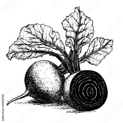 Engraved illustration of radishes with leafy greens on a white background