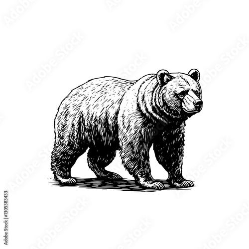 Detailed engraved illustration of a grizzly bear in a natural pose showcasing its majestic features and strength
