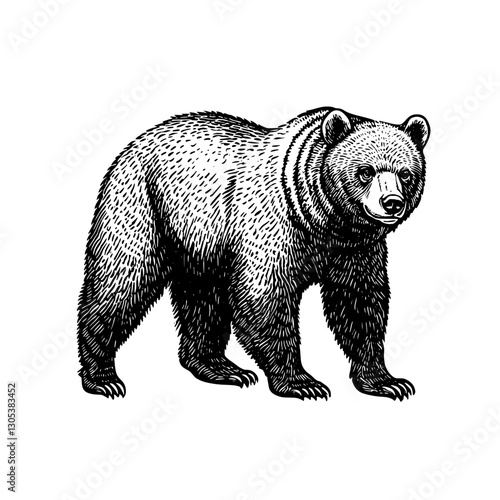 Engraved illustration of a bear standing in a natural pose with detailed fur texture and features