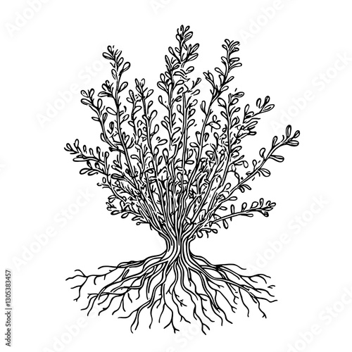 Intricate engraved illustration of a bush with detailed roots and branches showcasing natural beauty in a minimalist style