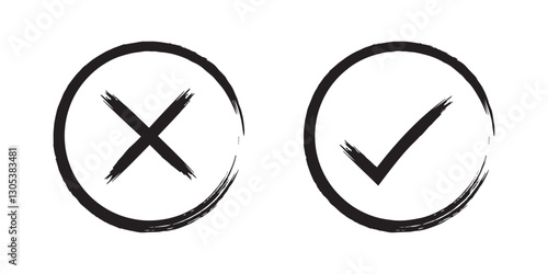 Set of ticks and crosses. Two dirty grunge hand drawn with brush strokes cross x and tick OK check marks vector illustration isolated on white background. Check mark symbol NO and YES buttons for vote