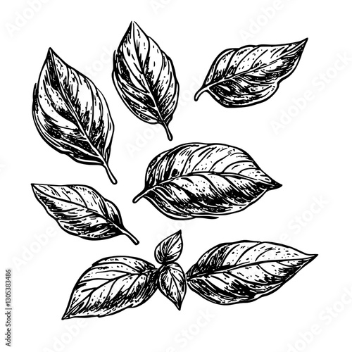 Engraved vector illustration of various basil leaves with intricate detailing
