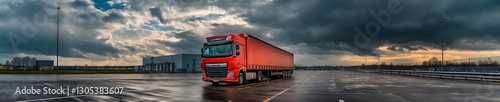 Wallpaper Mural An imposing red trailer parked on a large paved lot, with the wet ground reflecting the vehicle and the dramatic cloudy sky, evoking a sense of power and resilience in the world of transportation. Torontodigital.ca