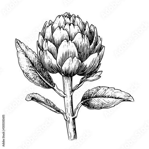 Engraved illustration of an artichoke plant with detailed leaves and flower head in a classic vector style