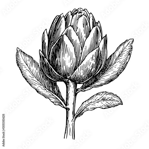 Detailed engraved illustration of an artichoke plant showcasing its unique structure and intricate leaf arrangement