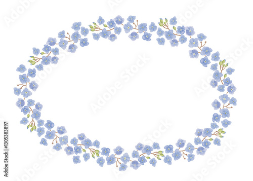 Oval wreath frame made of forget-me-nots. Vintage watercolor illustration for holiday postcards or invitations, romantic greeting cards. Cosmetics, perfumes and home decor. Frame for websites or apps.