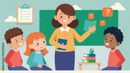 The teacher quizzing the class on the meaning of the new words they learned in the previous lesson.. Vector illustration