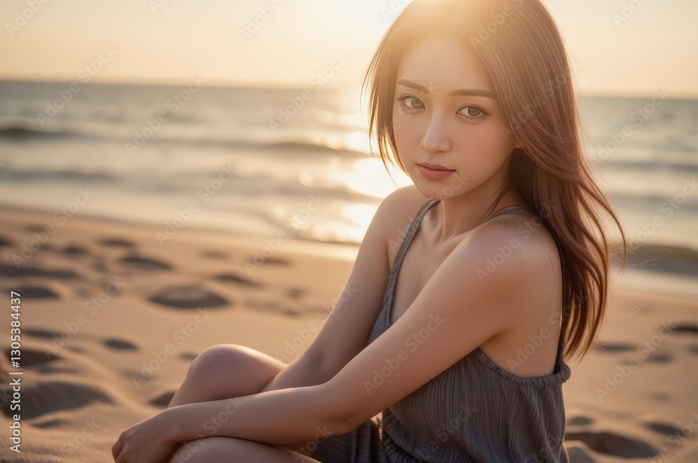 Serene Asian Woman Relaxing on Beach at Sunset: Tranquility, Travel, and Summer Vibes Serene Asian Woman Relaxing on Beach at Sunset: Tranquility, Travel, and Summer Vibes