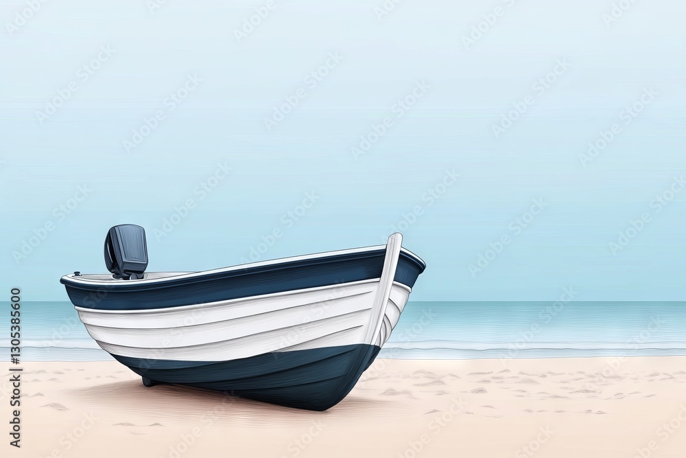 Peaceful wooden boat on sandy beach, tranquil ocean backdrop Peaceful wooden boat on sandy beach, tranquil ocean backdrop