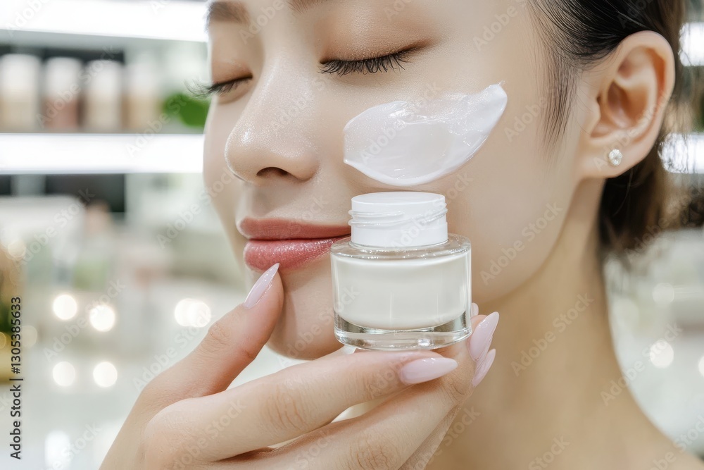beauty routine, a graceful east asian woman applying a luxurious skincare serum with a flawless complexion, in a softly blurred high-end cosmetic store beauty routine, a graceful east asian woman applying a luxurious skincare serum with a flawless complexion, in a softly blurred high-end cosmetic store