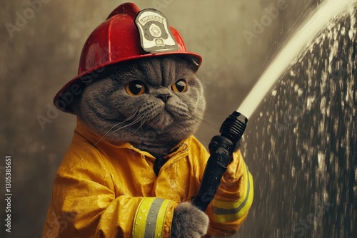 A gray cat dressed in a yellow jacket and fire helmet points a hose, spraying water towards the right side of the frame. photo