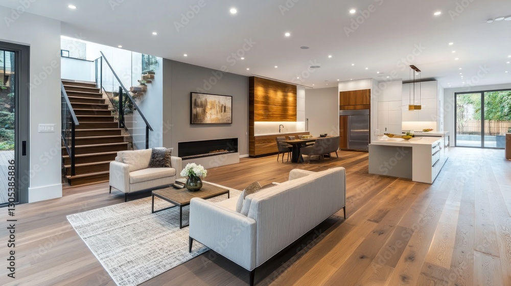 Modern open-concept living room/kitchen, with wooden floors and stairs Modern open-concept living room/kitchen, with wooden floors and stairs