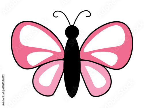 A very beautiful pink butterfly with a white pattern on the wings. The black body. Minimalist. Wildlife. Insect life. Flat. One icon isolated on a white background.