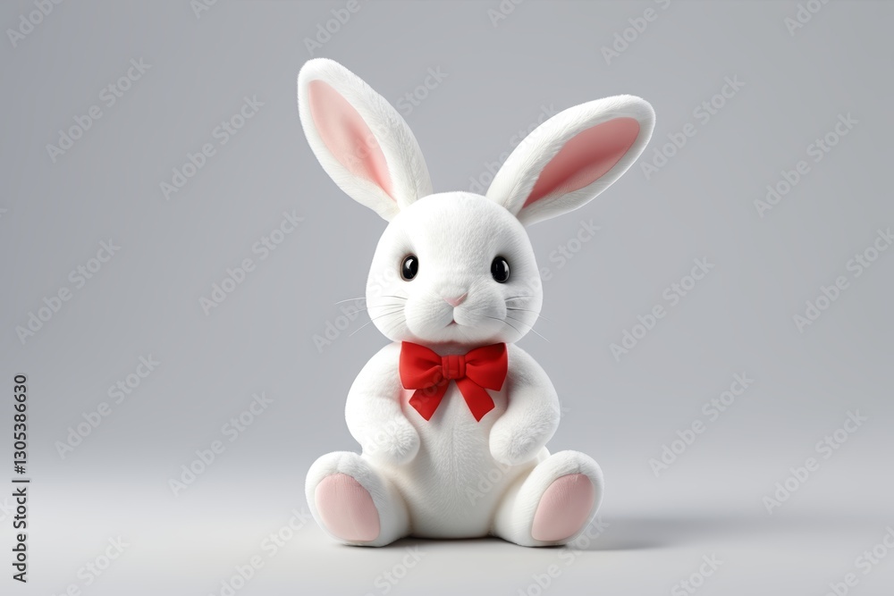 there is a white rabbit with a red bow sitting on a gray surface there is a white rabbit with a red bow sitting on a gray surface